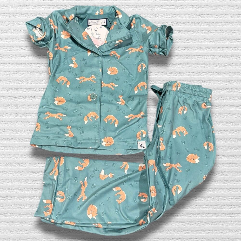 Sweethoney 3t Fox Short Sleeve Button Up Pajama Set Green Orange Dreamer